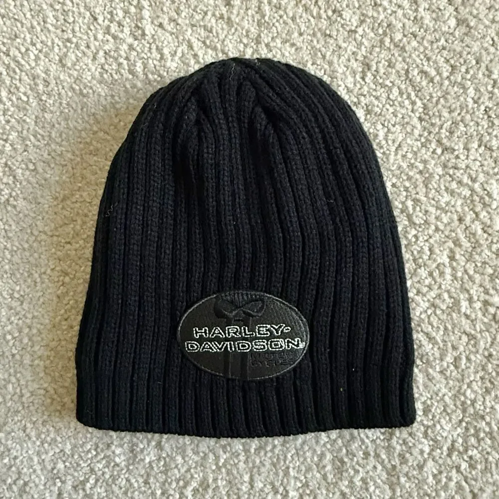 Harley-Davidson Beanie Cap Black Rib Knit Fleece LIned Leather Skull Embroidery - Picture 12 of 12